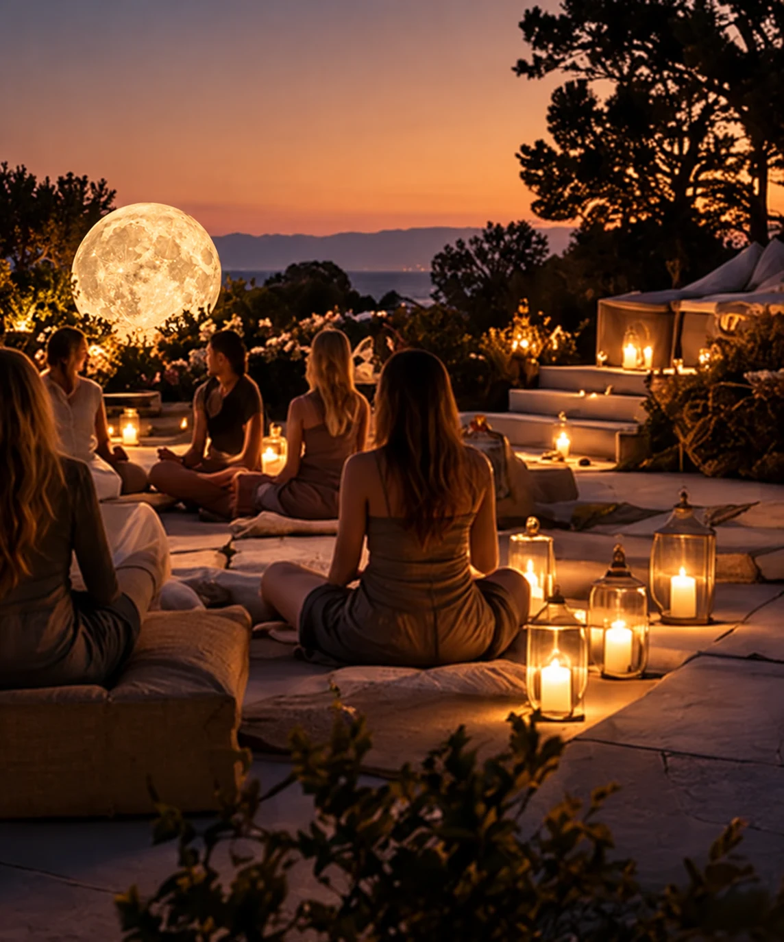 Ambiente sereno con Luna iluminada para un retiro de bienestar