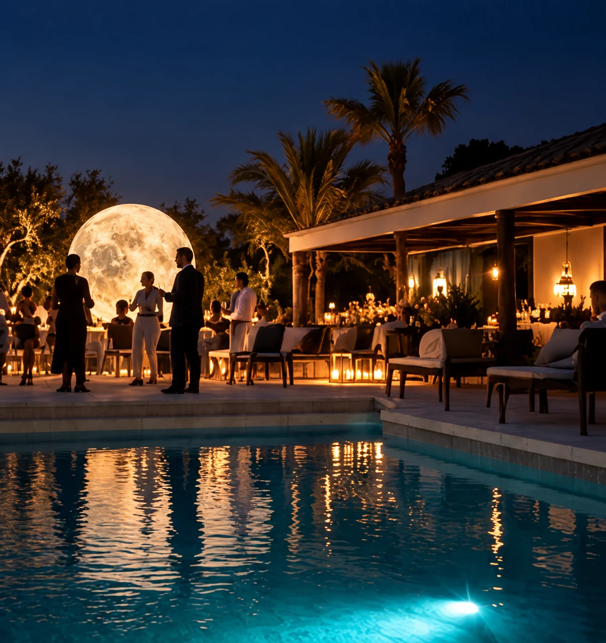 Luna luminosa en una terraza con piscina y palmeras