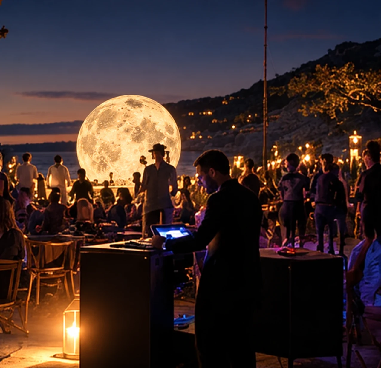 Celebración Full Moon con Luna iluminada y ambiente nocturno