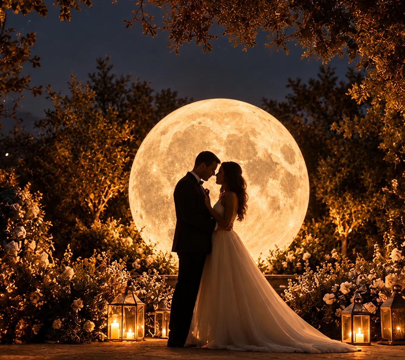 Una pareja junto a una gran Luna iluminada