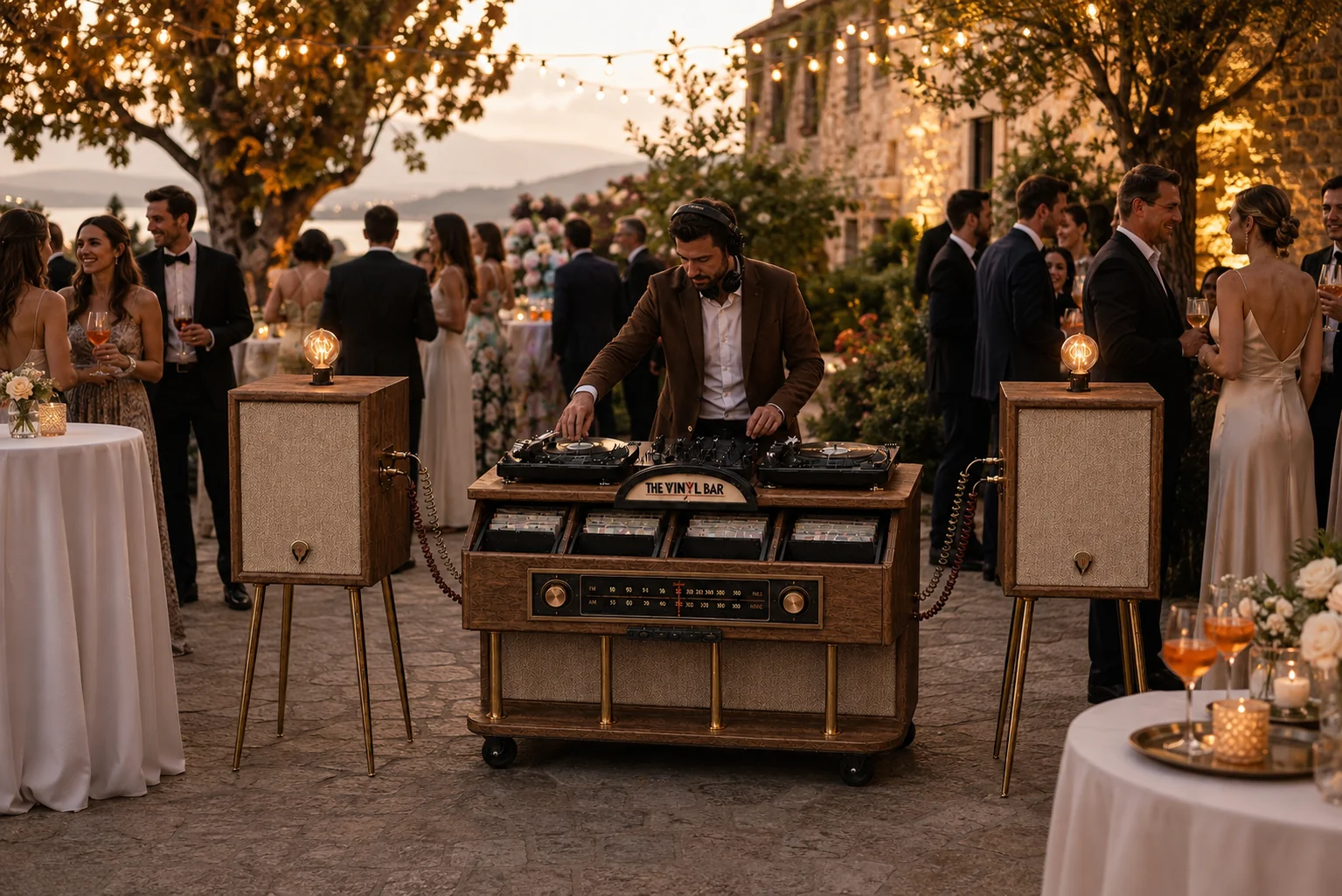 The Vinyl Bar integrado en el cóctel de una boda al aire libre