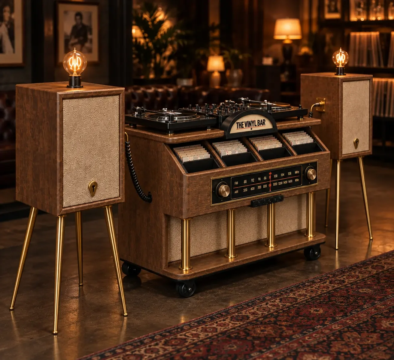 Mueble vintage de The Vinyl Bar con platos, colección de vinilos y altavoces