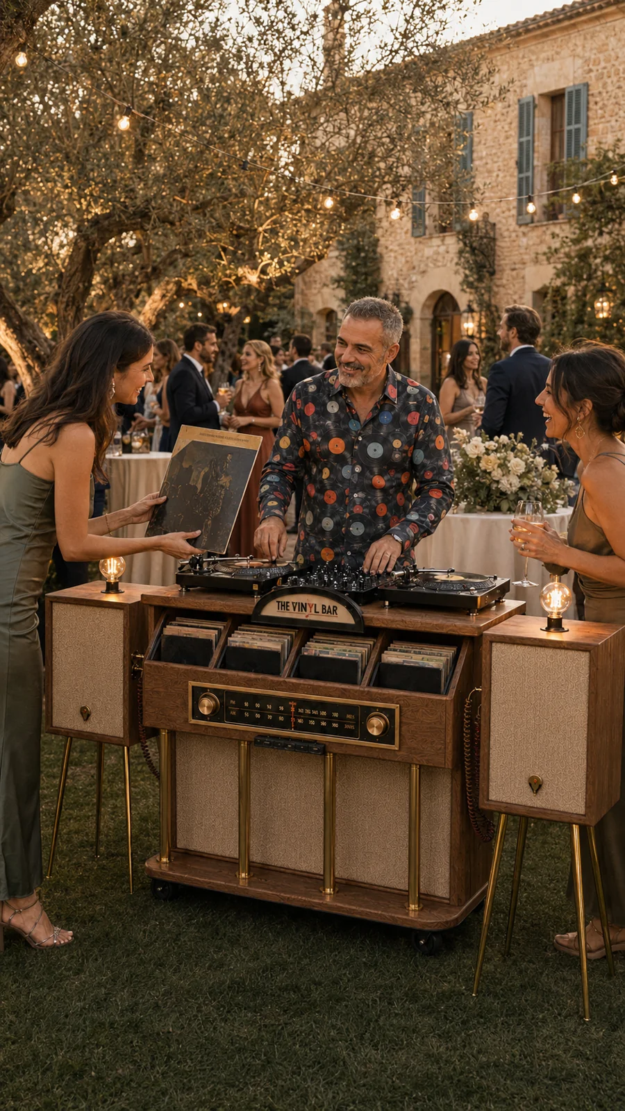 Invitados compartiendo la elección de un vinilo junto al mueble de The Vinyl Bar